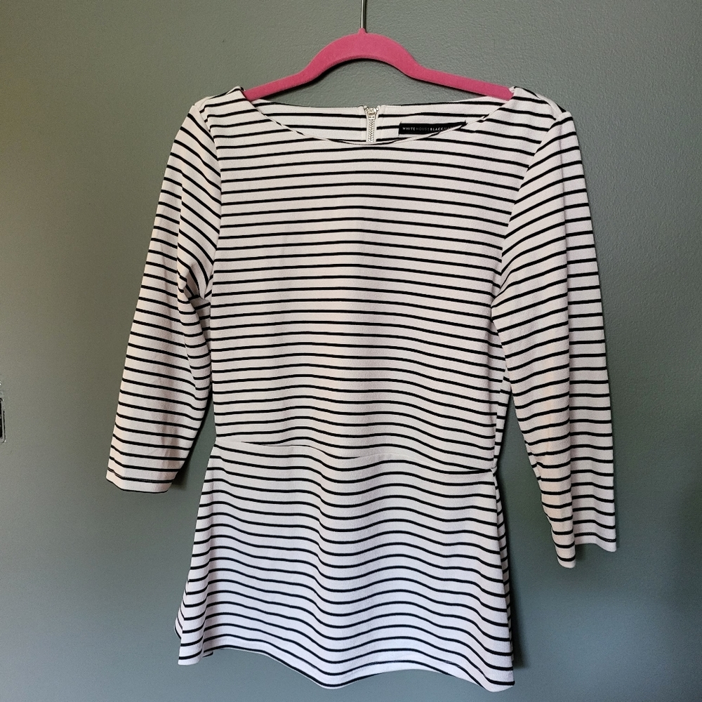 WHBM White Striped Quarter Sleeve Fit and Flare Blouse, Size Medium